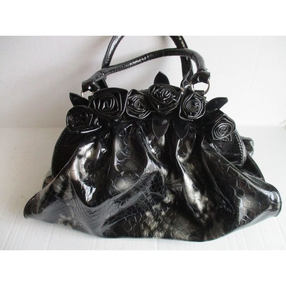 *Black and Silver Vinyl 2-Way Satchel Pleated Reptile Surface with Rosettes - Picture 1 of 5